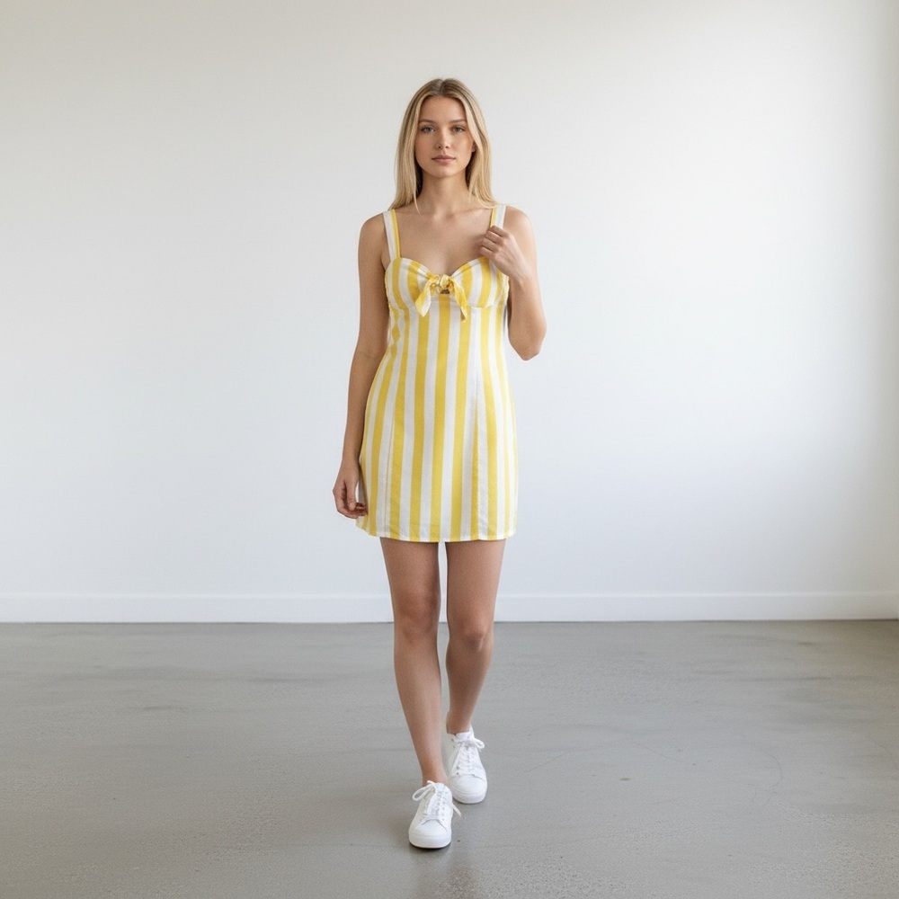 LOVERS + FRIENDS Yellow and White Striped Front Tie Mini Tank Dress